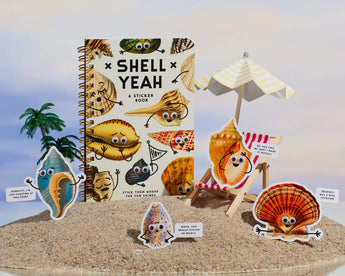 Sticker book titled 'Shell Yeah' with shell-shaped stickers on a sandy background