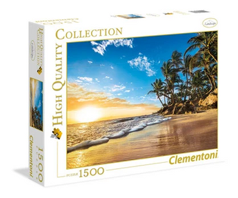Tropical Island beach scene with foamy waves spilling onto the beach, blus sky dotted with white whispy clouds, sunrising, emitting a golden glow against the morning sky, plam trees set in the distance on the beach. Incredibly restful picture.