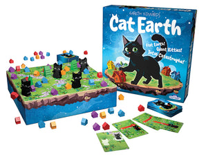 Board game set with 'Cat Earth' packaging, game pieces, and cards on a white background