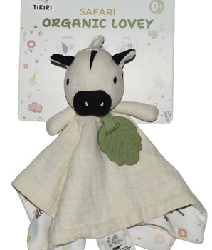 Tikiri Muslin Comforter - Soft Zebra with rubber leaf teether