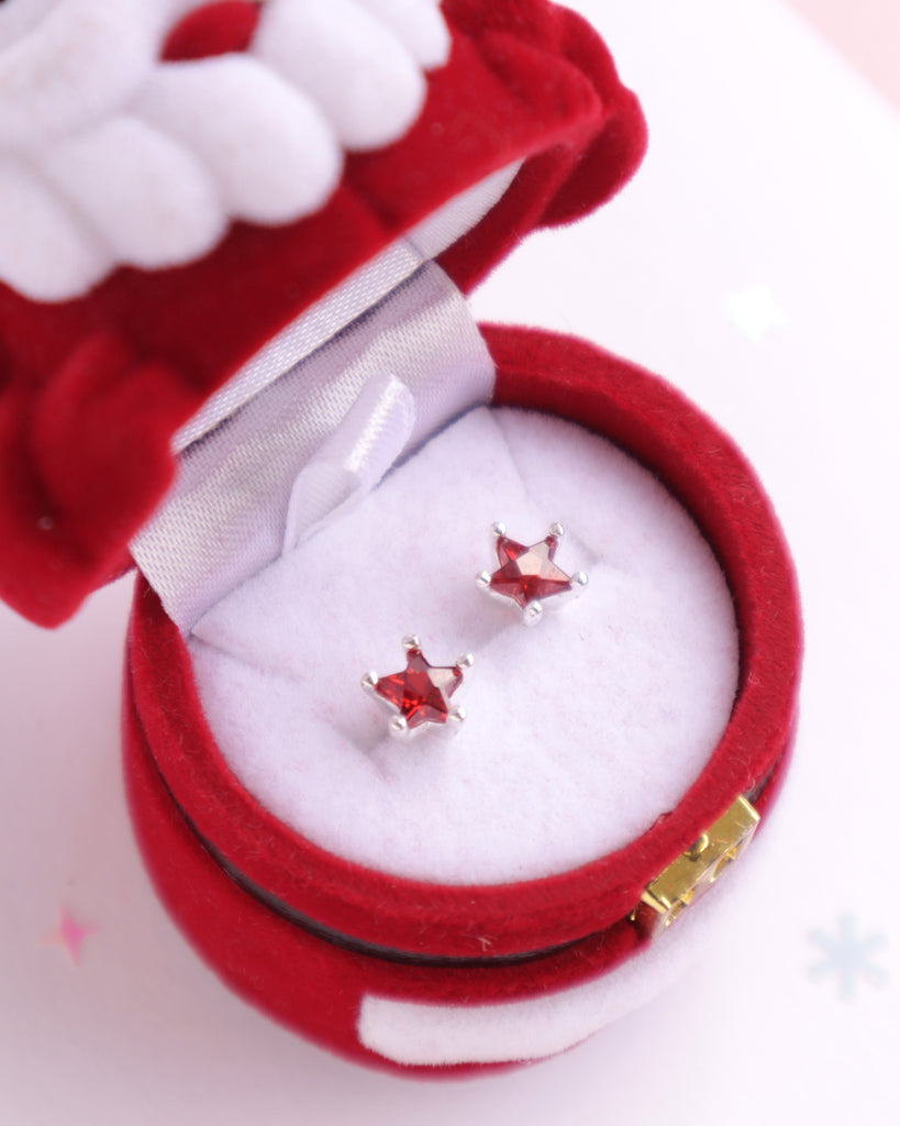 Red Starry Earrings in Velvet Santa Trinket Box