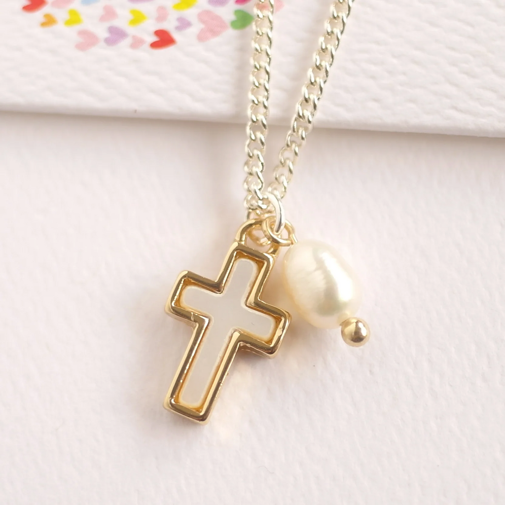 Mother of Pearl Cross Necklace with Fresh Water Pearl