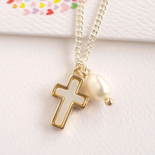 Load image into Gallery viewer, Mother of Pearl Cross Necklace with Fresh Water Pearl
