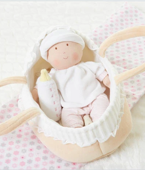 CARRY COT WITH BABY DOLL,  BOTTLE & BLANKET 23CM