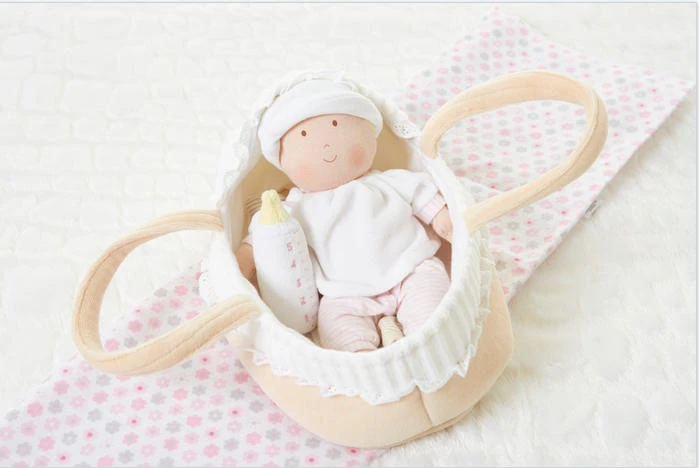 CARRY COT WITH BABY DOLL,  BOTTLE & BLANKET 23CM