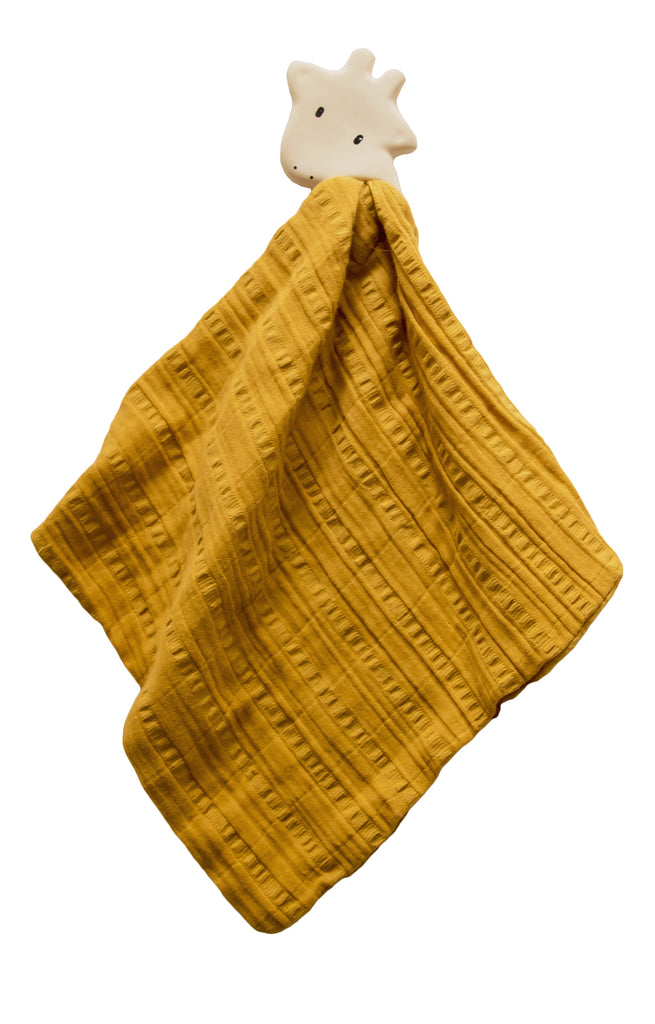 Comforter 100% Organic -Giraffe in Mustard Muslin with Rubber Teether-