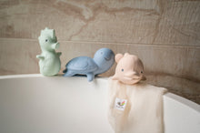 Load image into Gallery viewer, My 1st Tikiri Ocean Buddies Bath Set, Pastel Collection, Seahorse, Turtle, Dolphin in an organic mesh bag