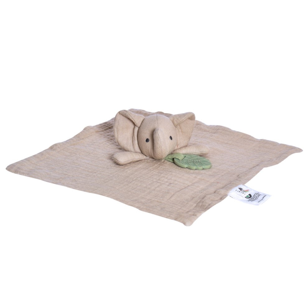 Tikiri Muslin Comforter - Elephant with Rubber Leaf teether