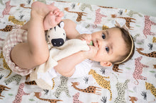 Load image into Gallery viewer, Tikiri Muslin Comforter - Soft Zebra with rubber leaf teether