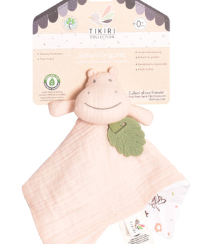 Tikiri Muslin Comforter - Hippo with Rubber Leaf Teether