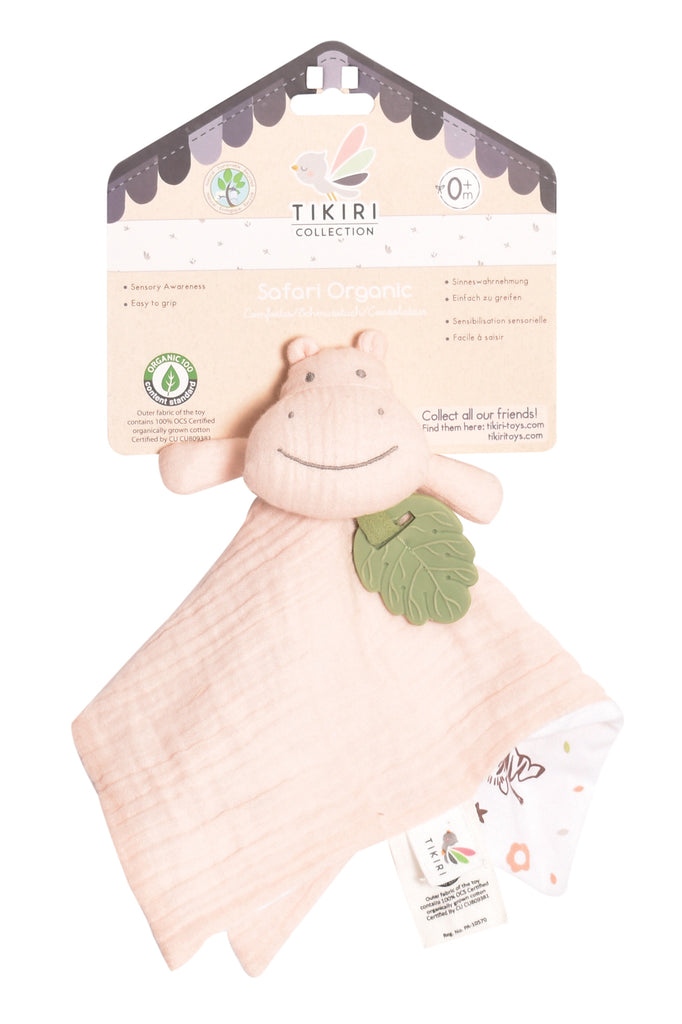 Tikiri Muslin Comforter - Hippo with Rubber Leaf Teether