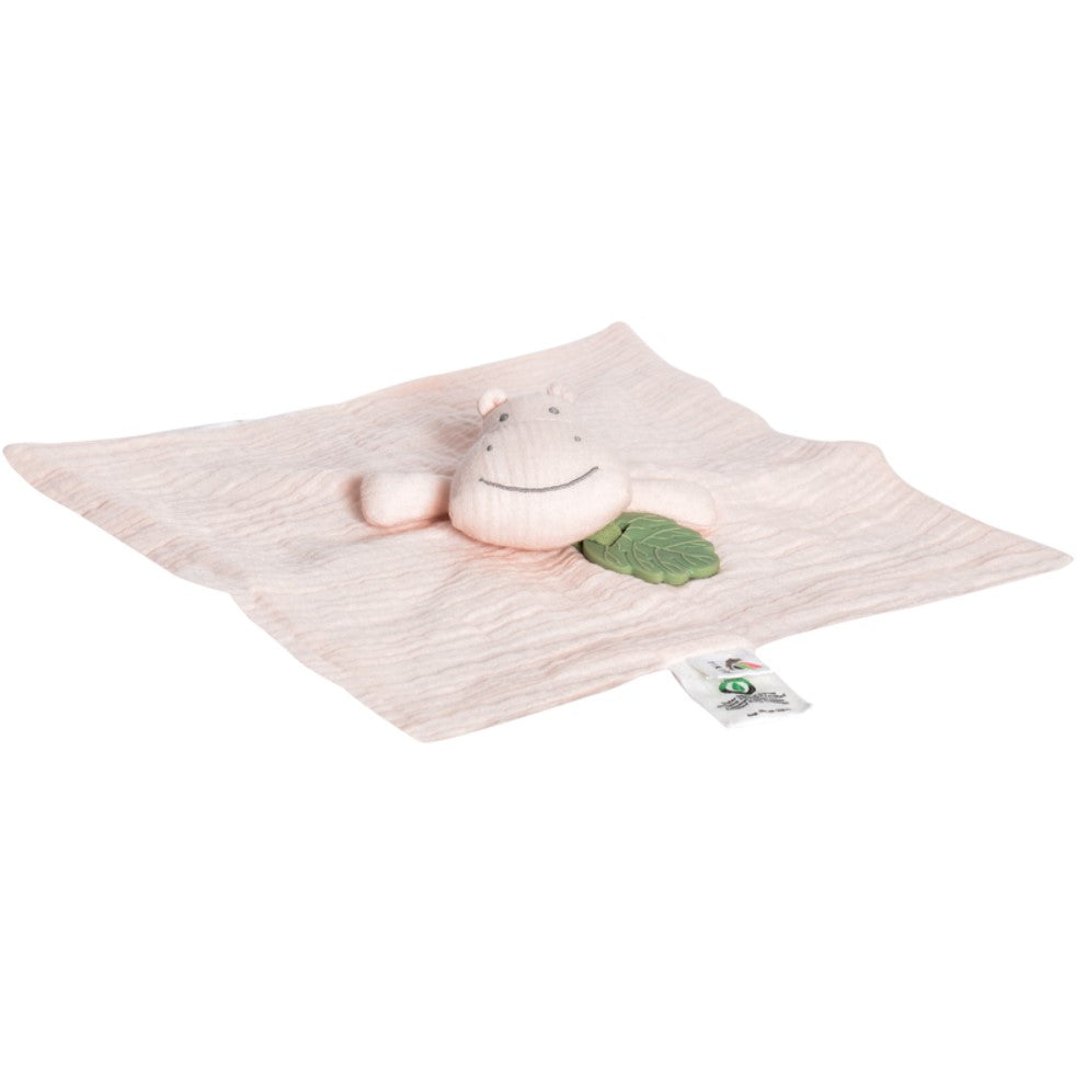 Tikiri Muslin Comforter - Hippo with Rubber Leaf Teether