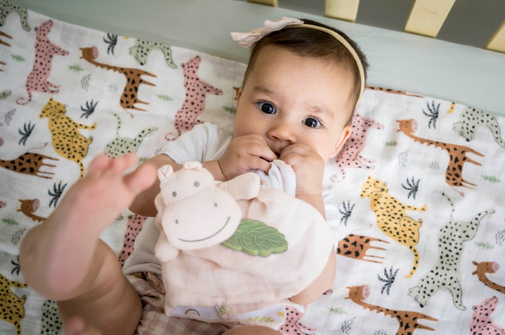 Tikiri Muslin Comforter - Hippo with Rubber Leaf Teether